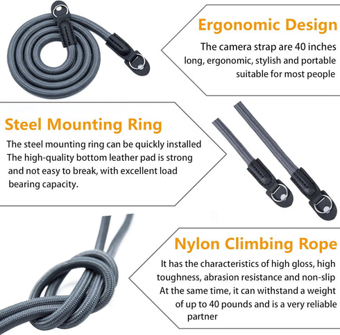 Camera Shoulder Strap Climbing Rope Neck Strap for Mirrorless and DSLR Cameras with Lens Cap Keeper