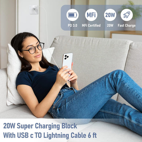 MFi Certified Fast Charger for iPhone 14/13/12 Pro, 20W USB C Rapid Charger Block & 6FT Lightning Cable - 2 Pack
