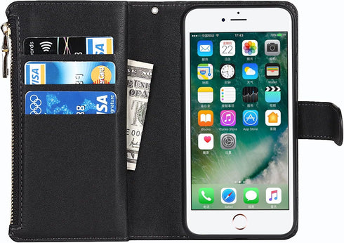 Jaorty Wallet Case Compatible with iPhone 7/8/iPhone SE 2nd 2020, 9 Card Slots, Wrist Strap, Stand Feature, Zipper Cash