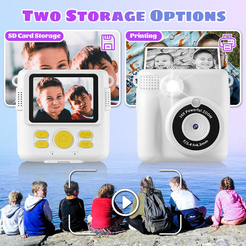 Instant Print Camera, Kids 1080P HD Digital Camera with 32G SD Card, 3 Rolls Photo Paper & 6 Color Pencils, Age 6-12