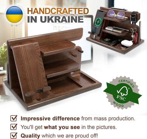 Wood Phone Docking Station, Ash Key Holder Wallet Stand Watch Organizer for Men, Anniversary Gift Idea, Brown