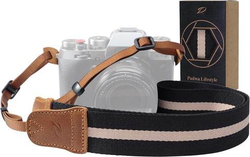 Padwa Lifestyle Black Striped Camera Strap - Vintage Crazy Horse Cowhide & Cotton, 1.5" Wide, Adjustable for DSLR