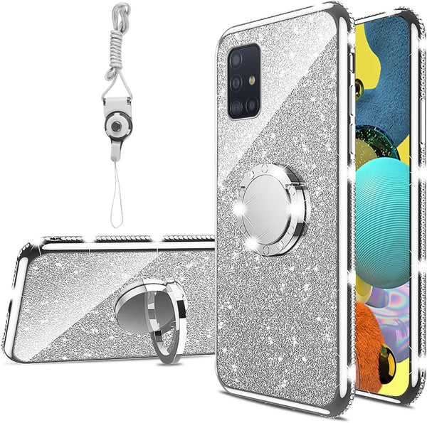 nancheng Samsung Galaxy A51 5G Case, Glitter Cute Soft TPU Cover with Ring Kickstand Strap, Shockproof Protective Case