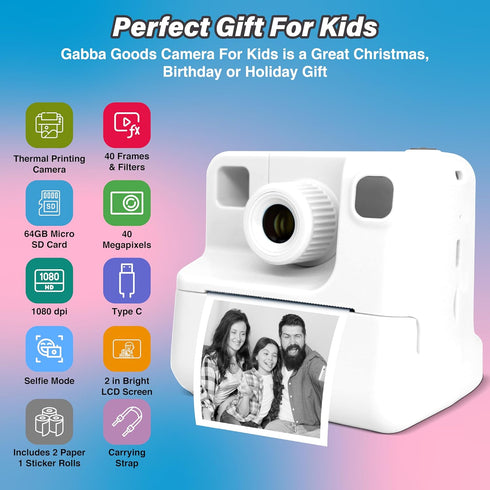 GabbaGoods Instant Print Kids Camera for Ages 3-9, Includes 32GB SD Card, Instant Thermal Print Feature, Toddler Camera
