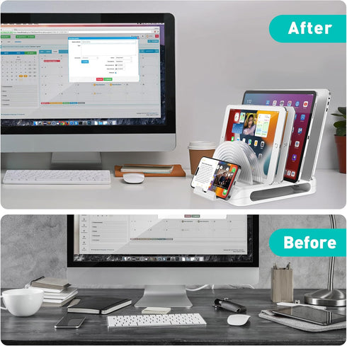 Vertical Laptop Stand for Desk, Adjustable Multi-Device Organizer, 6 in 1 with 360° Rotating Base, White