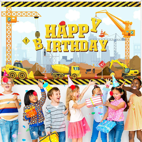 Irenare Happy Birthday Backdrop Dump Truck Excavator Crane Banner Photography Studio Props Cake Table Decorations