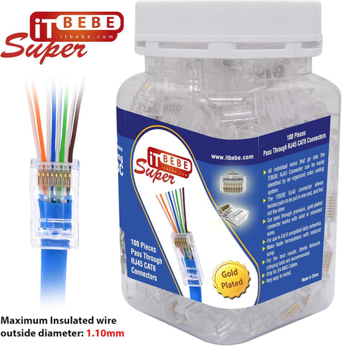 ITBEBE 100-Pack High Performance RJ45 Cat6 Pass Through Connectors for 24 AWG Ethernet Cable