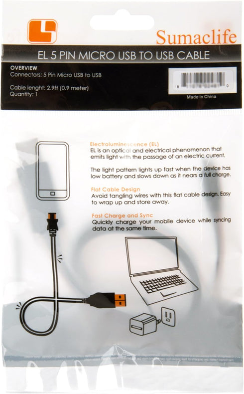 SumacLife Electroluminescent Lightning Sync and Charge Micro USB to USB Cable, 2.9-Feet (SLLtnMUSBUSBBLU)