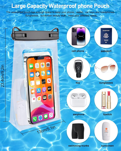 Large Waterproof Phone Pouch Universal Phone Waterproof Case for iPhone 15 14 13 12 Pro Max Galaxy S22 S21 IPX8 Water Proof Dry Bag with Wide Lanyard Large Capacity Waterproof Bag for Swimming