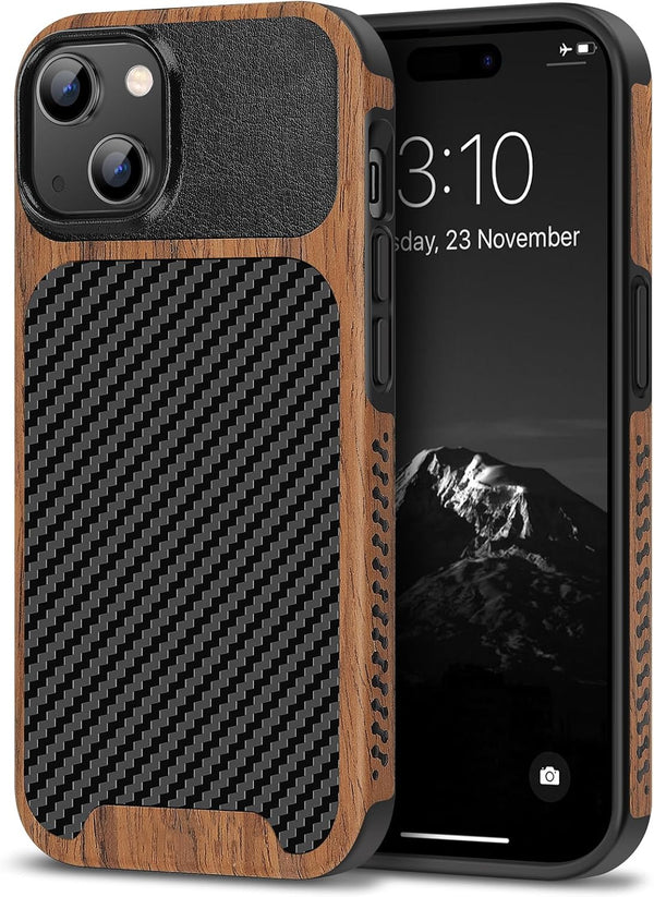 TENDLIN iPhone 15 Case - Slim Black Leather Hybrid with Wood Grain & Carbon Fiber Texture Design.