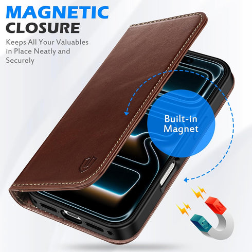 SHIELDON 17 5G 6.3-inch 2025 Case Wallet for iPhone | Genuine Leather | Flip Magnetic Closure | RFID Blocking Credit
