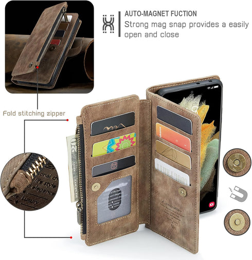 UEEBAI Wallet Case for Samsung Galaxy S21 Ultra 5G, Handmade PU Leather with Card Slots, Vintage Brown