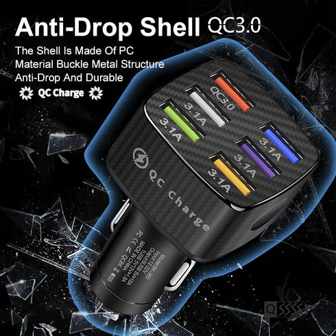 Amiss Car Charger Adapter, 6 USB Multi Port Fast Charger with QC 3.0, Fit for iPhone 13/12/11, Samsung Galaxy