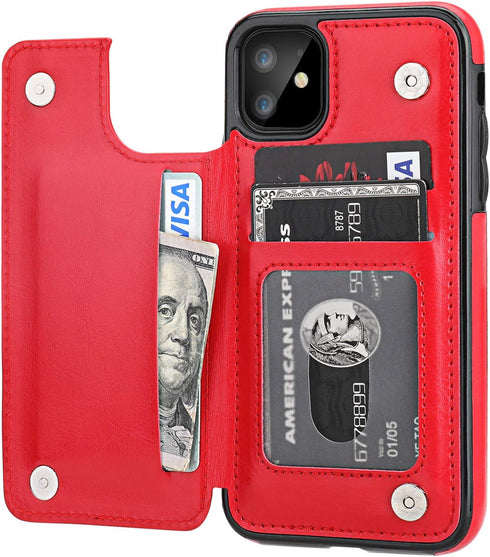 OT ONETOP iPhone 11 Wallet Case, Red PU Leather Kickstand with Card Holder, Shockproof Cover, 6.1 Inch