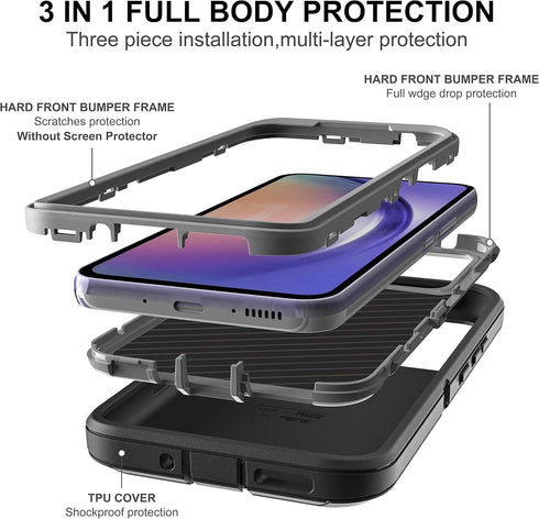Samsung Galaxy A54 5G Case, 3 in 1 Full Body Shockproof Heavy Duty Protection with 2-Pack Tempered Glass Protectors