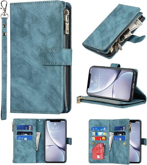 Jaorty Wallet Case for iPhone XR, Magnetic Leather Cover with 9 Card Slots, Wrist Strap, Stand Feature, Blue