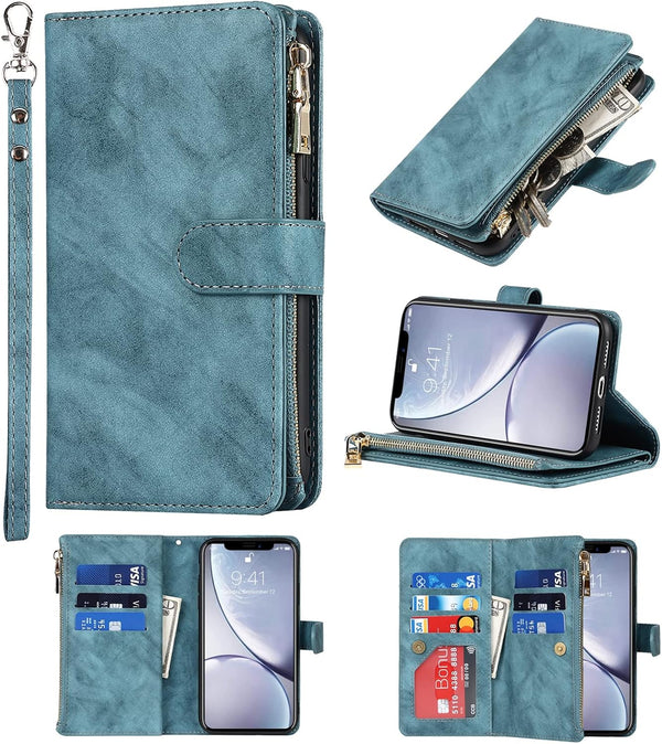 Jaorty Wallet Case for iPhone XR, Magnetic Leather Cover with 9 Card Slots, Wrist Strap, Stand Feature, Blue