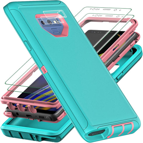 Samsung Galaxy Note 9 Case with 2Pcs Self Healing TPU Screen Protector & Camera Lens Protector (Aqua Blue/Pink)