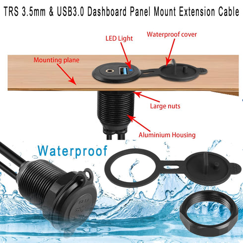 QIANRENON USB3.0 & 3.5mm Audio Threaded Fixed Embedded Car Waterproof Cable, 5Gbps TRS 3.5mm & USB3.0 Dashboard Panel