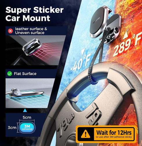 Magnetic Phone Holder for Car, 6X Magnets, Double 360° Rotation, Easy Install for Dashboard Screens, Compatible with