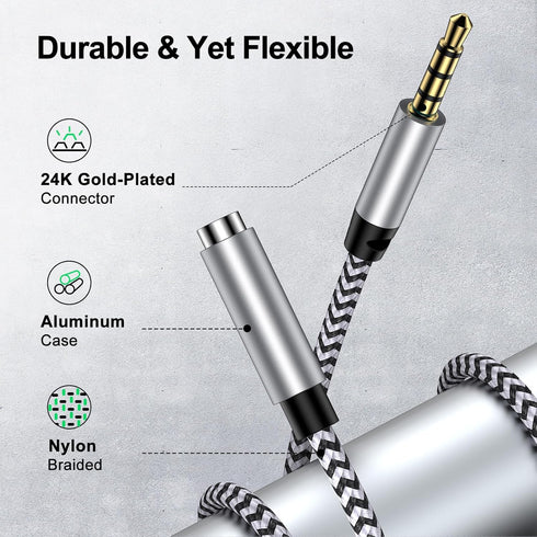 HOOTEK 6FT Headphone Extension Cable: 3.5mm Male to Female Stereo with Microphone, Nylon Braided Aux for iPhone, iPad,