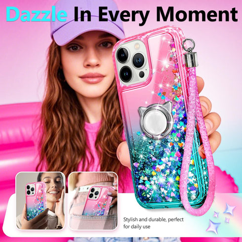 NGB Designed for iPhone 11 Pro-Max Case, Pink/Aqua Glitter Liquid Sparkle Cover with Accessories
