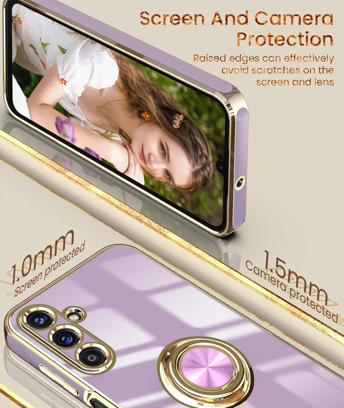 Dretal Galaxy A15 5G Case - Slim TPU, Screen Protector, 360° Rotatable Ring Holder, Magnetic Kickstand, Gold Edge