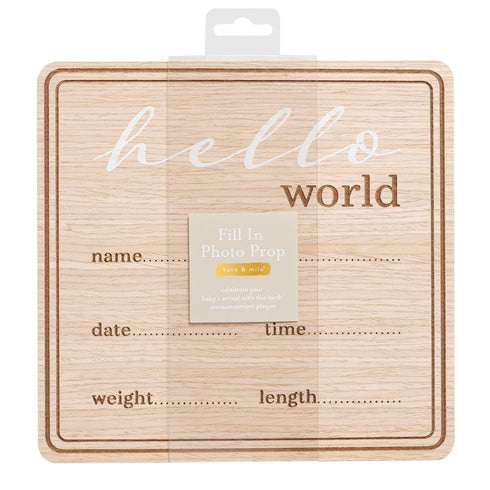 Kate & Milo Wooden Hello World Birth Announcement Photo Prop, Newborn Milestone Sign with Birth Details for Hospital