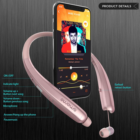 Headset AMORNO Foldable Bluetooth Headphones, Wireless Neckband Sports with Retractable Earbuds, Sweatproof Noise