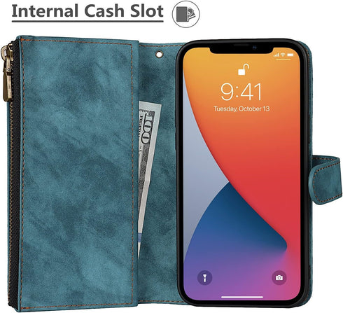 iCoverCase iPhone 13 Wallet Case with Card Holder, 2 in 1 PU Leather Magnetic Clasp, Zipper Pocket, Blue