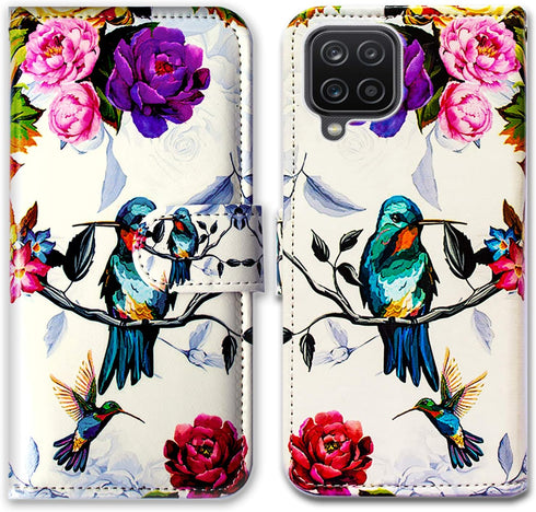 Case for Galaxy A12, Hummingbird in Flowers Bird Leather Flip Phone Case Wallet Cover with Card Slot for Samsung Galaxy