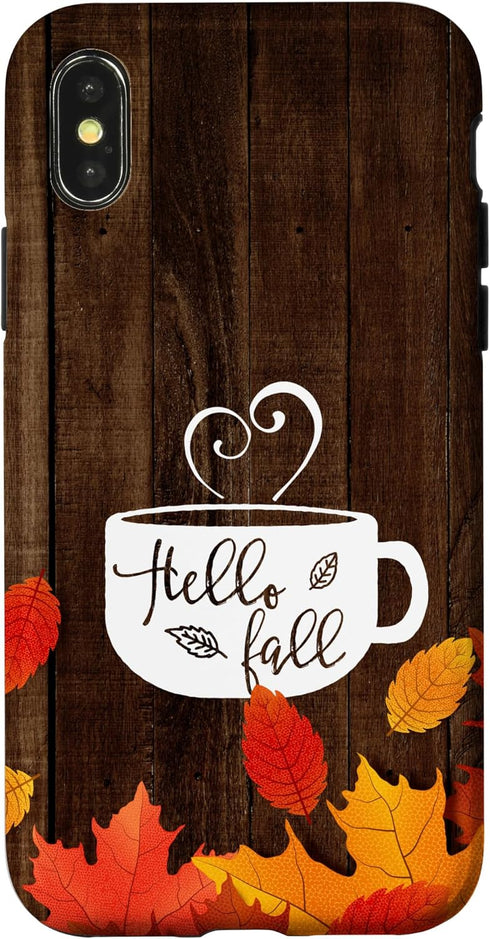 Hello Fall Coffee Mug with Autumn Leaves for iPhone X/XS, Happy Fall Feeling Case
