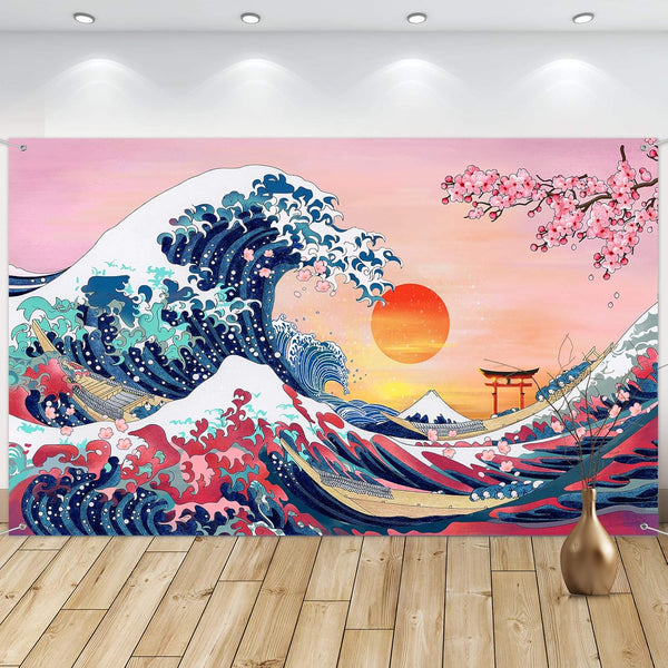 Ocean Wave Tapestry - Japanese Kanagawa Great Wave Cherry Blossom Nature Sunset Background Wall Hanging, 72.8 x 43.3