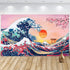 Ocean Wave Tapestry - Japanese Kanagawa Great Wave Cherry Blossom Nature Sunset Background Wall Hanging, 72.8 x 43.3