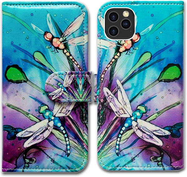 Case for iPhone 12 Pro Max, Cute Dragonfly Leather Flip Wallet Cover with Card Slot Holder Kickstand