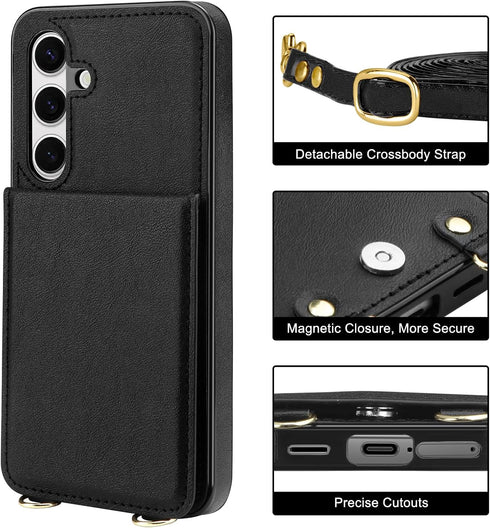 Vofolen for Samsung Galaxy S24 Plus Wallet Case with Card Holder, Crossbody Lanyard Strap, Protective Flip Case - Black