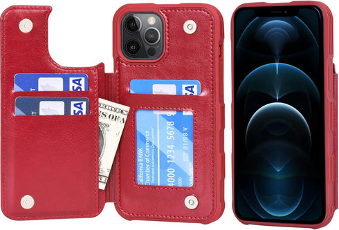 Arae Compatible for iPhone 12 Pro Max Case - Wallet Case with PU Leather Card Holder Back Flip Cover (Wine Red)