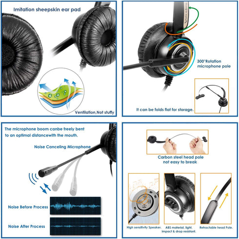 Office Headset with RJ9 Plug for Yealink T22P T26P T28P Phones, Compatible with Avaya 1608 9630 9640 9650 9620,