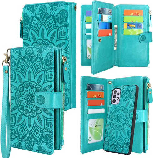 Harryshell Detachable Magnetic Zipper Wallet Case for Samsung Galaxy A32 5G (2021), Flower Design (Blue Green)