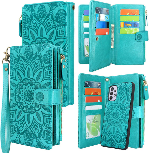 Harryshell Detachable Magnetic Zipper Wallet Case for Samsung Galaxy A32 5G (2021), Flower Design (Blue Green)