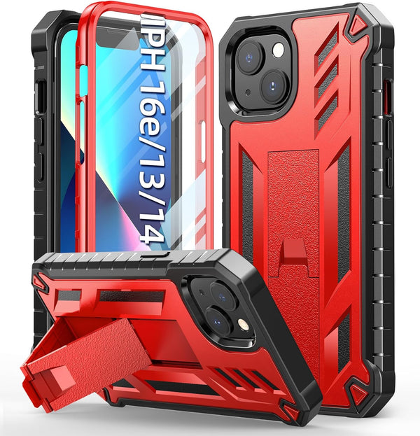 Protective Case for iPhone 13/14, Heavy Duty Military Grade Cover with Built-in Kickstand, Shock Proof Red
