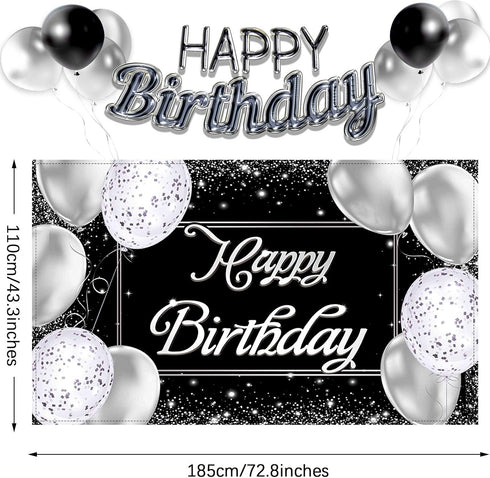Happy Birthday Backdrop Banner | Black and Silver Photography Background | Large Party Sign Poster for Men and Women