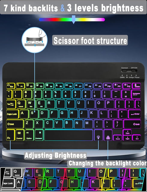 Universal Tablet Keyboard Case - 9.7" to 11" Tablets, 7 Color Rainbow Backlit Removable Keypad with Pen Holder - Black