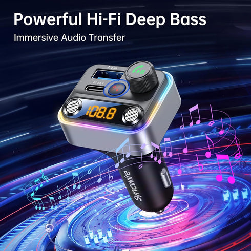 Syncwire Bluetooth 5.4 FM Transmitter Car Adapter 42W, Light Switch, Stronger Dual-mic, HiFi Bass Sound, Fast Charging,