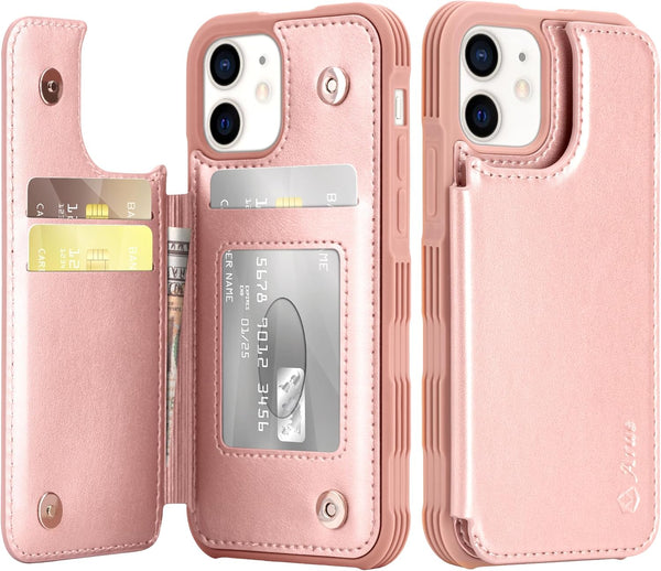 Arae Rose Gold Wallet Case for iPhone 12/12 Pro 6.1 Inch with Card Holder - PU Leather Back Flip Cover