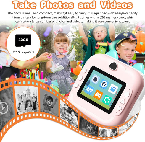 Instant Print Camera for Kids, Christmas Birthday Gifts, Selfie Digital Camera with 1080P Videos, Portable Toy for Ages