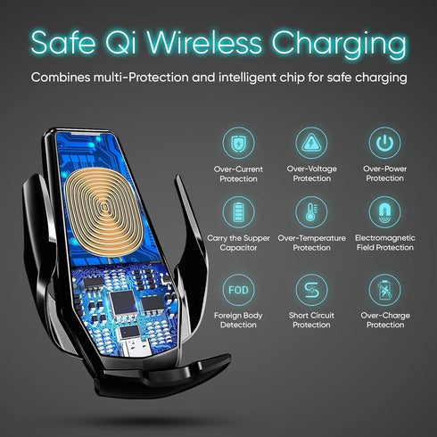 15W Wireless Car Charger - zicBee Qi Fast Charging Auto Clamping Phone Holder for iPhone 15/14/13/12/11 and Samsung