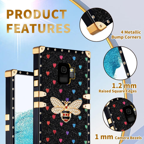 Loheckle Samsung Galaxy S9 Case for Women, Designer Square Case with Ring Stand Holder and Lanyard, Stylish Bees Luxury