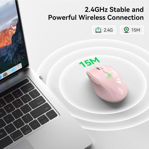 TECKNET Wireless Mouse, 2.4G USB Computer Mouse with 6-Level Adjustable 4800 DPI, Ergonomic Grips, Pink