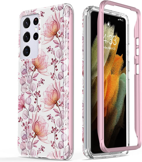 Esdot Light Pink Flowers Case for Samsung Galaxy S21 Ultra, Military Grade Rugged Cover for Women Girls